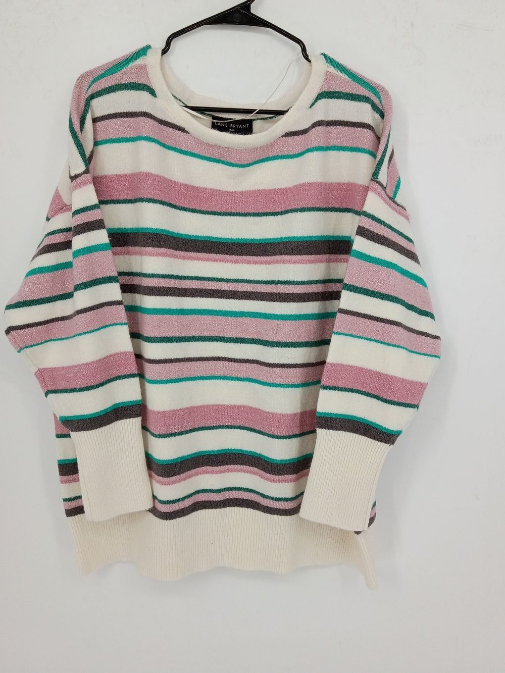Lane Bryant Cream Crewneck Fuzzy Sweater with Glitter Pink and Teal Stripe 18/20